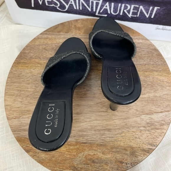 AUTHENTIC Y2K Gucci size 34 GG monogram Denim Wood Mule Heels - Picture 6 of 9